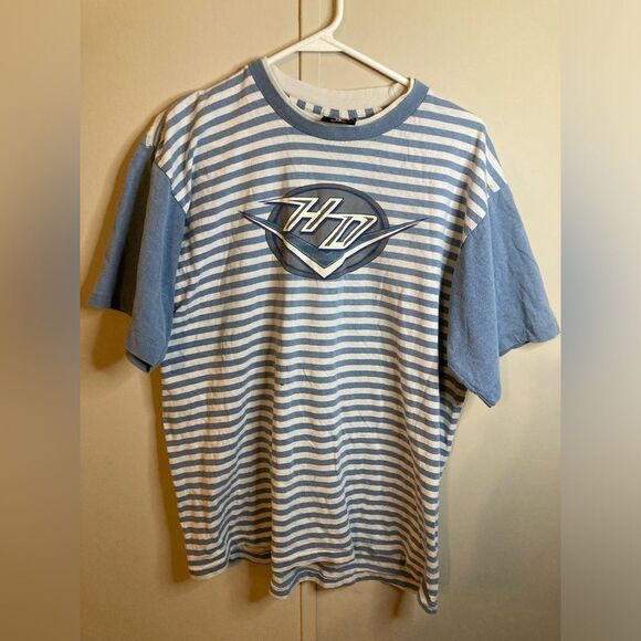 Vintage Harley Davidson Blue and White Striped T-Shirt, Size Large